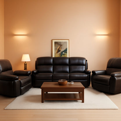 Espresso Leather Sofa Set With Manual Recliner For Living Room