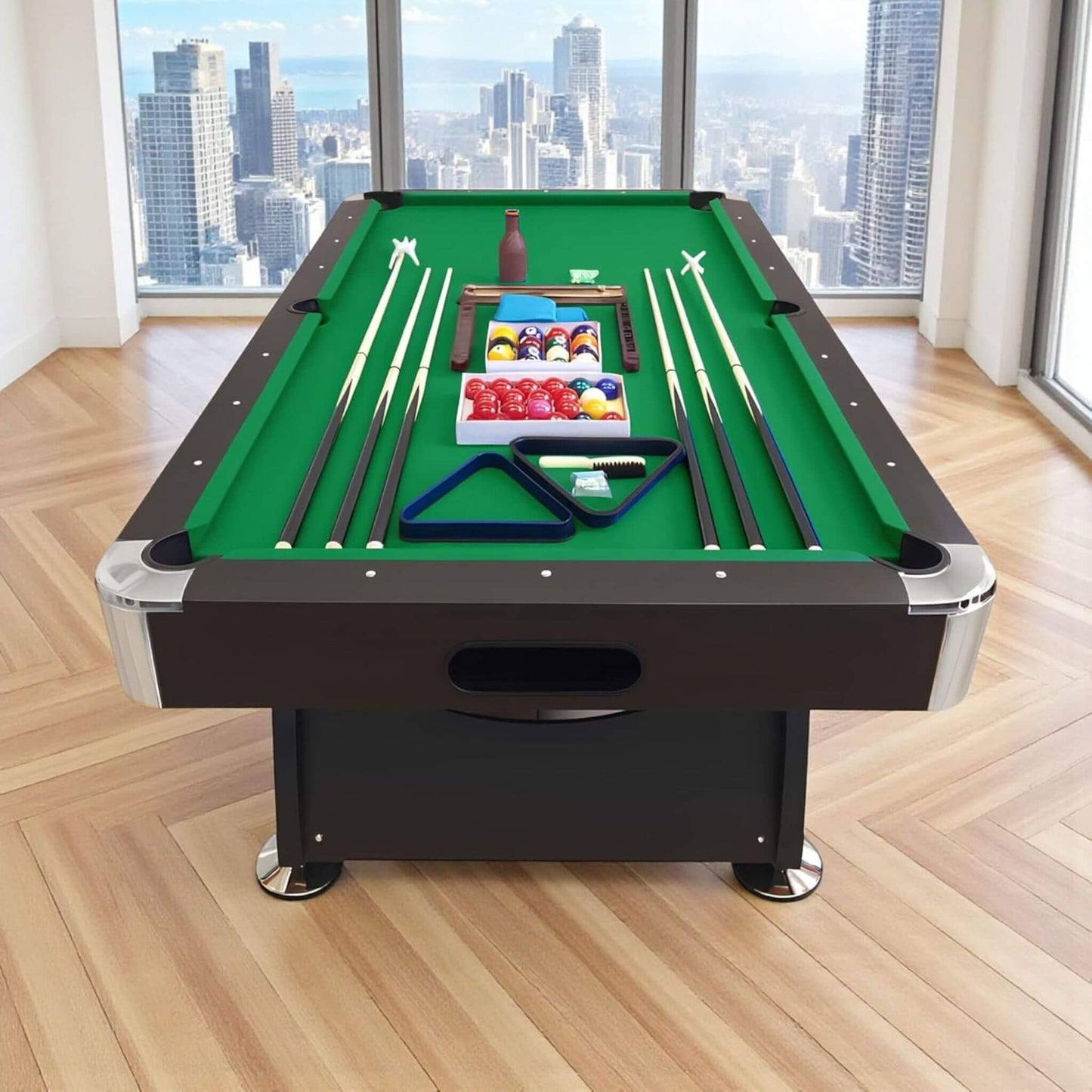 8FT Modern Green Felt Billiard Pool Table With Automatic Ball Return And Accessories Kit