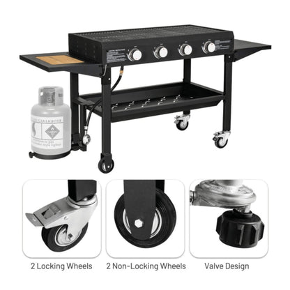 Portable Outdoor 4 Burner Propane Flat Top Gas Grill W/ Wheels, 60K BTU