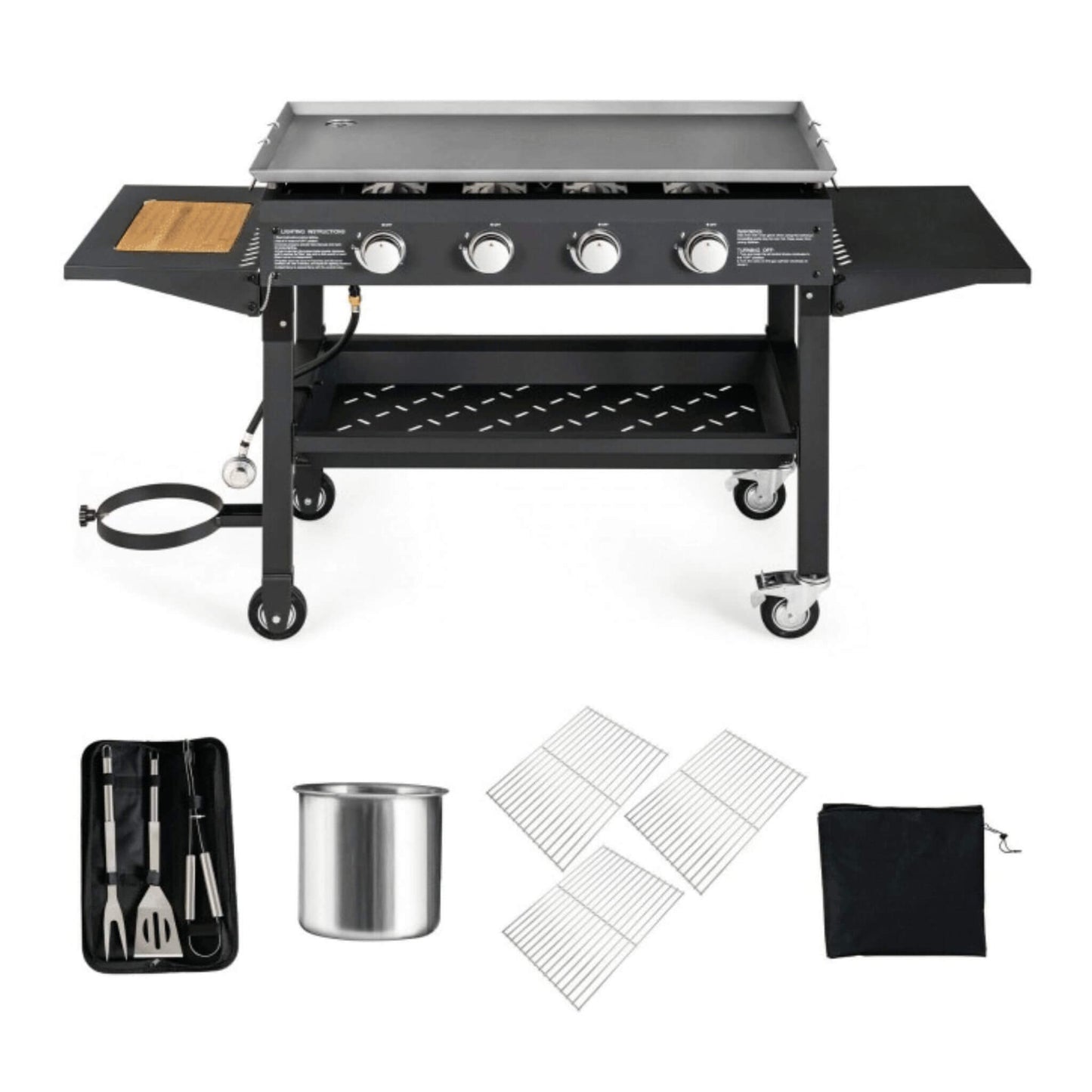 Portable Outdoor 4 Burner Propane Flat Top Gas Grill W/ Wheels, 60K BTU